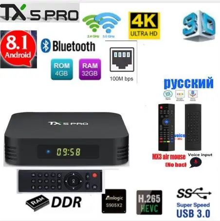 Tanix TX5 PRO 4 ГБ 32 ГБ 2,4G WiFi 100M LAN Bluetooth Android 8,1 tv Box Amlogic S905X2 Четырехъядерный 4K Smart Box TX5 MAX TANIX