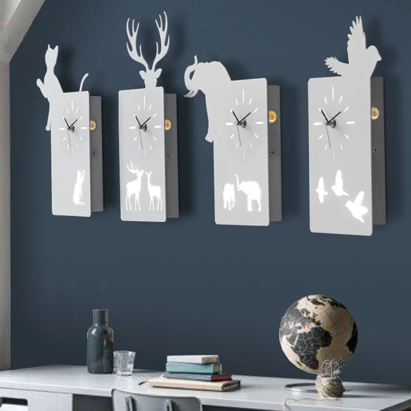 Designer Silent Mute Creative Cat Bird Deer Wall Clock Brief Wall Decoration Vintage LED Wall Lamp Art Home Decor Light Fixtures Designer Silent Mute Creative Cat Bird Deer Wall Clock Brief Wall Decoration Vintage LED Wall Lamp Art Home Decor Light Fixtures