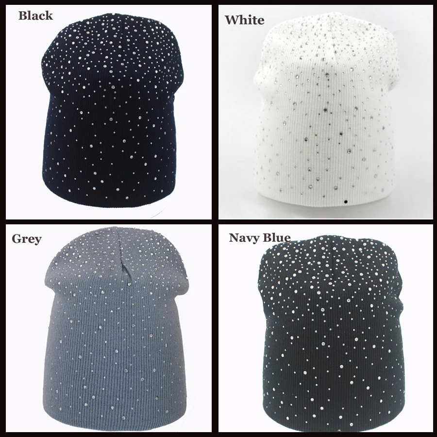 Spring  Atumn Winter Hats for Women Knitted Beanie Cap Girls Wool Brand Hat with Shining Rhinestone Female Casual Hats 2