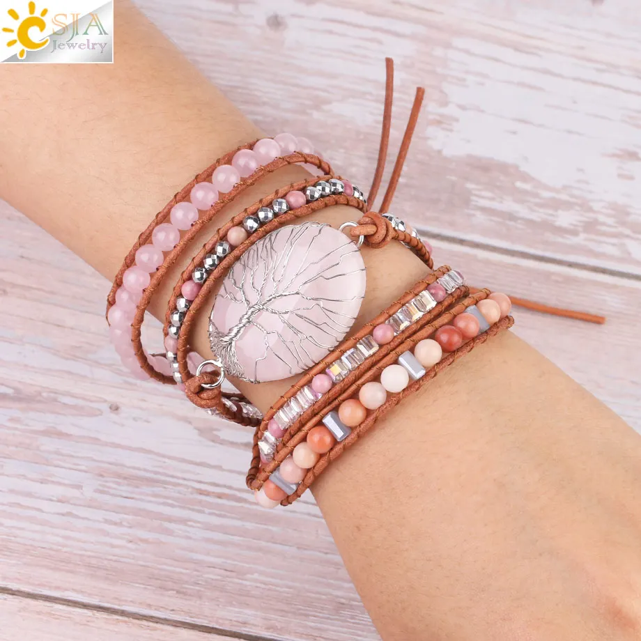Comprar CSJA Árbol de la vida joyería de las mujeres Natural de cuarzo rosa cristal piedra encantos pulsera de cuero trenzado gemas de cuentas Wrap pulseras S349