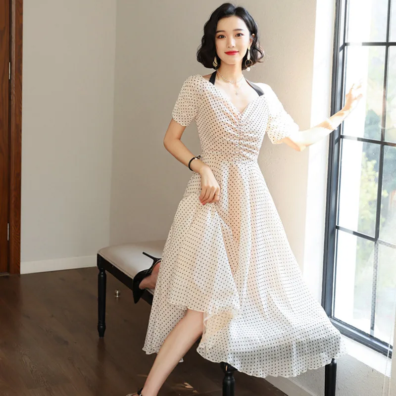 

Summer Dress 2019 Woman Vintage Retro Elegant V-Neck Halter Off the Shoulder Bandage Party Dot Print Women Short Sleeve Dress