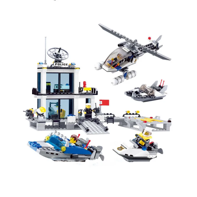 KAZI Police Station Building Blocks Helicopter Boat Model Bricks Educational Toys For Children Compatible With Legoings KAZI Police Station Building Blocks Helicopter Boat Model Bricks Educational Toys For Children Compatible With Legoings