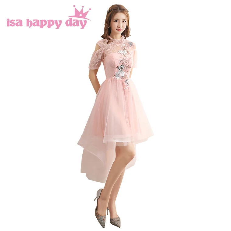 

light pink short front long back high low tulle elegant 0 neck prom dresses 2019 with sleeves miss sexy dress for girls H4256