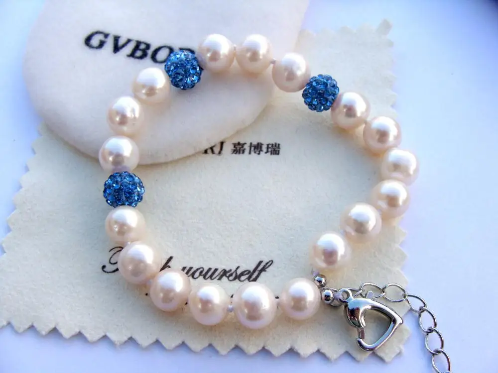 8 мм натуральный пресноводный жемчуг браслет для женщин Блестящий синий блестящий мяч браслет Роскошный яркий белый цвета