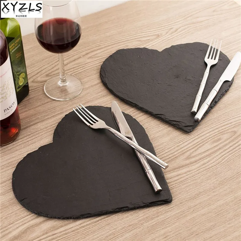

XYZLS Popular Heart Shape Natural Slate Solid Steak Plate Cheese Tray Dinner Plate Tableware Pizza Sushi Dish Barbecue Tray
