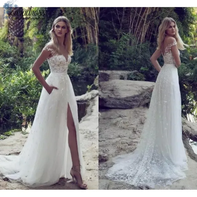 Elegant Lace Wedding Dresses Tulle Skirt Liques High Split Elegant Lace Wedding Dresses Tulle Skirt Liques High Split Gowns Plus Size Beach V Neck