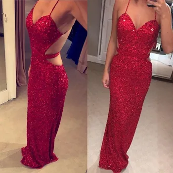 

New Arrival Red mermaid prom Dresses sexy spaghetti straps Backless sequins Formal Gown evening Party Dresses