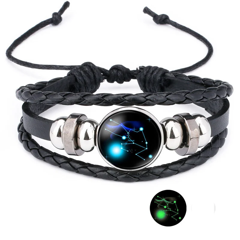 NIUYITID 12 Constellation Bracelet For Women Unisex Leather Jewelry Adjustable Luminous Universe Horoscope Male Boy Gift (9)