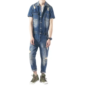 

2017 New Men's Short Sleeves Denim Overalls Men Casual Blue Jeans Jumpsuits For Men With Holes Denim Overalls Size M-XXL