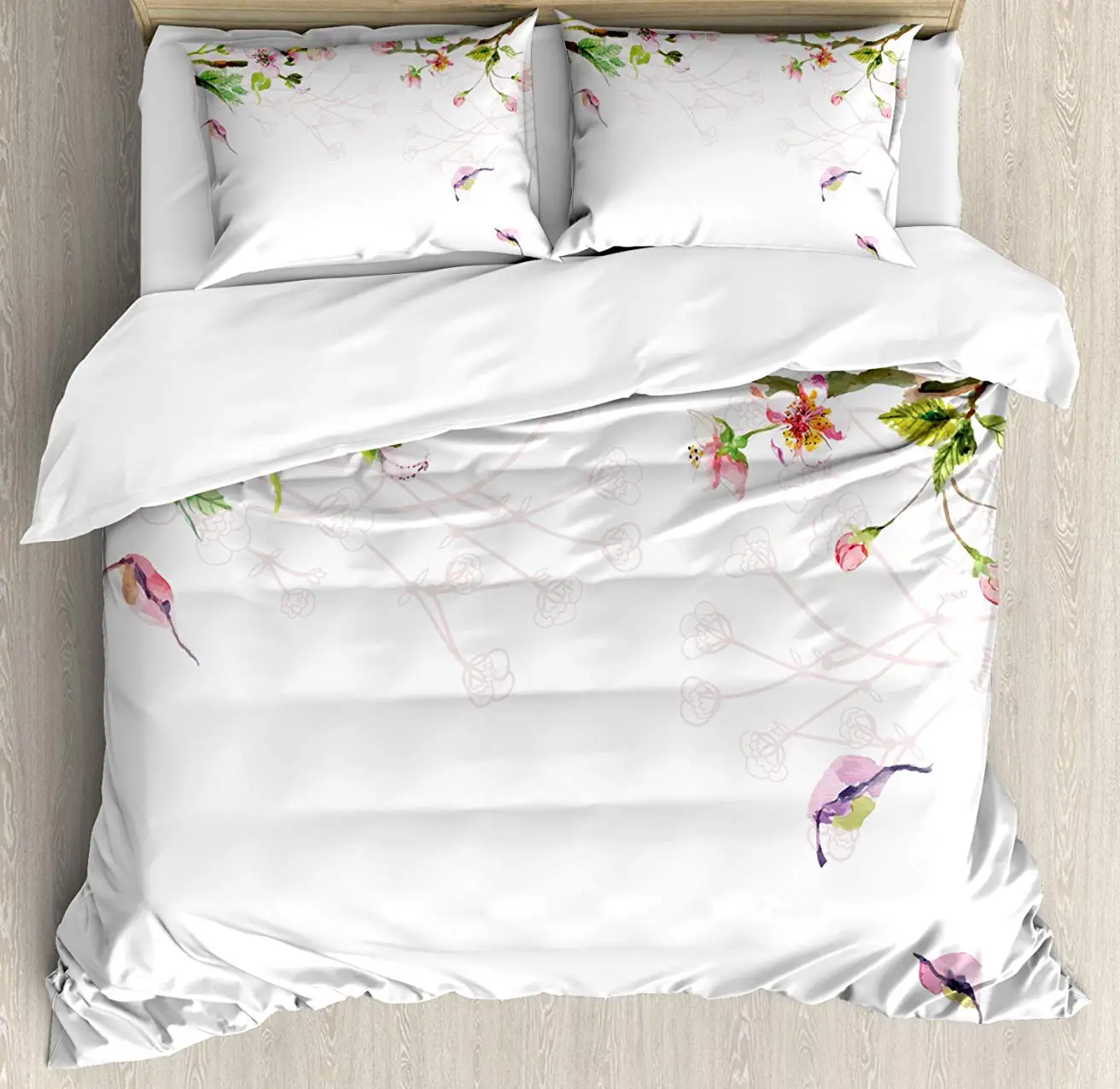 

Watercolor Duvet Cover Set Apple Tree Blooming in Spring Season Branches Falling Leaves Romantic 3 Piece Bedding Set