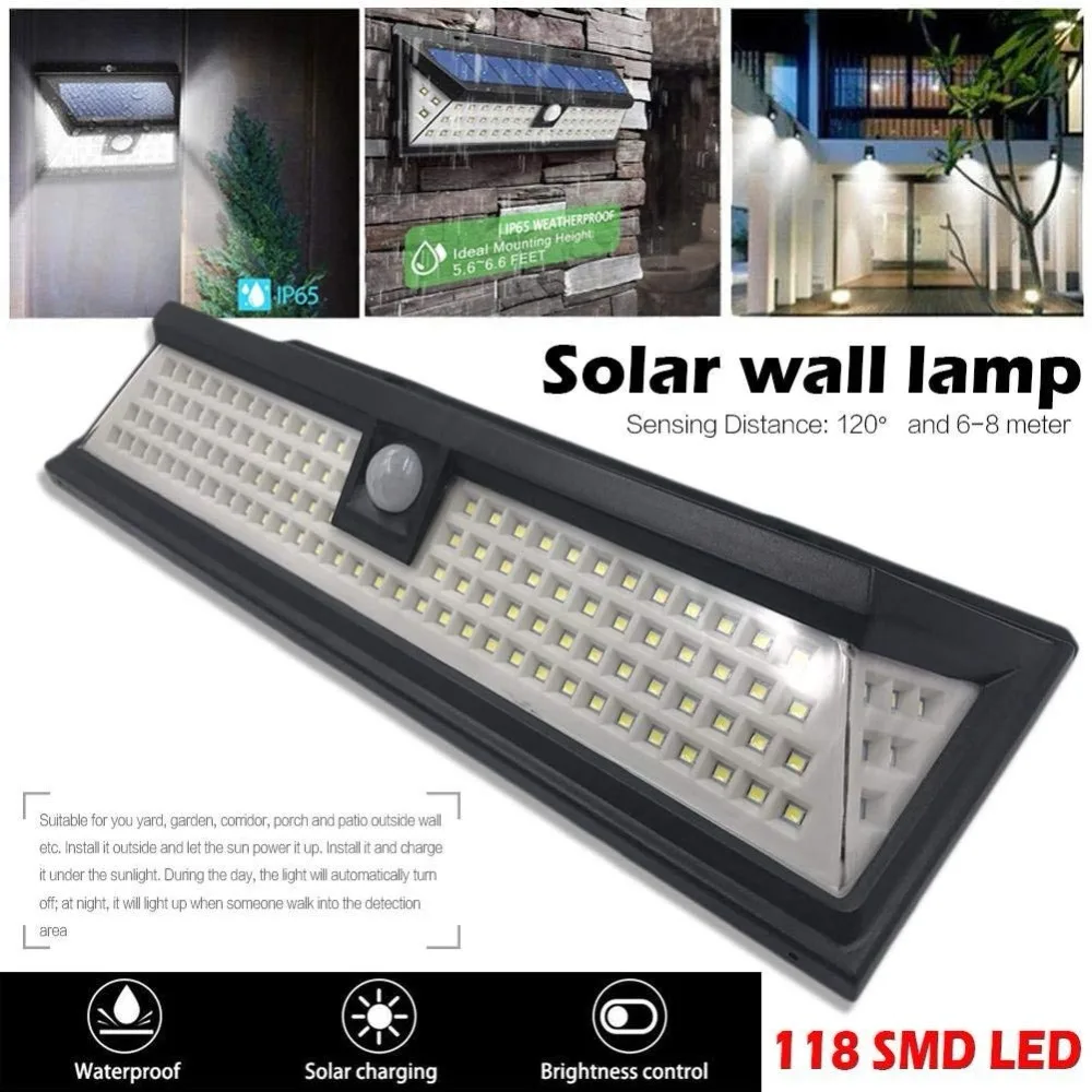 Baratos 118LED 1000LM SMD lámpara Solar impermeable iluminación al aire libre jardín luces patio PIR Sensor de movimiento emergencia lámpara Solar led de pared