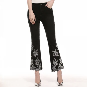 

FERZIGE Brand 2019 Sweet Embroidery Flare Pants Female Streetwear Elastic Skinny High Waist Jeans Women Plus Size 36 Black Pants
