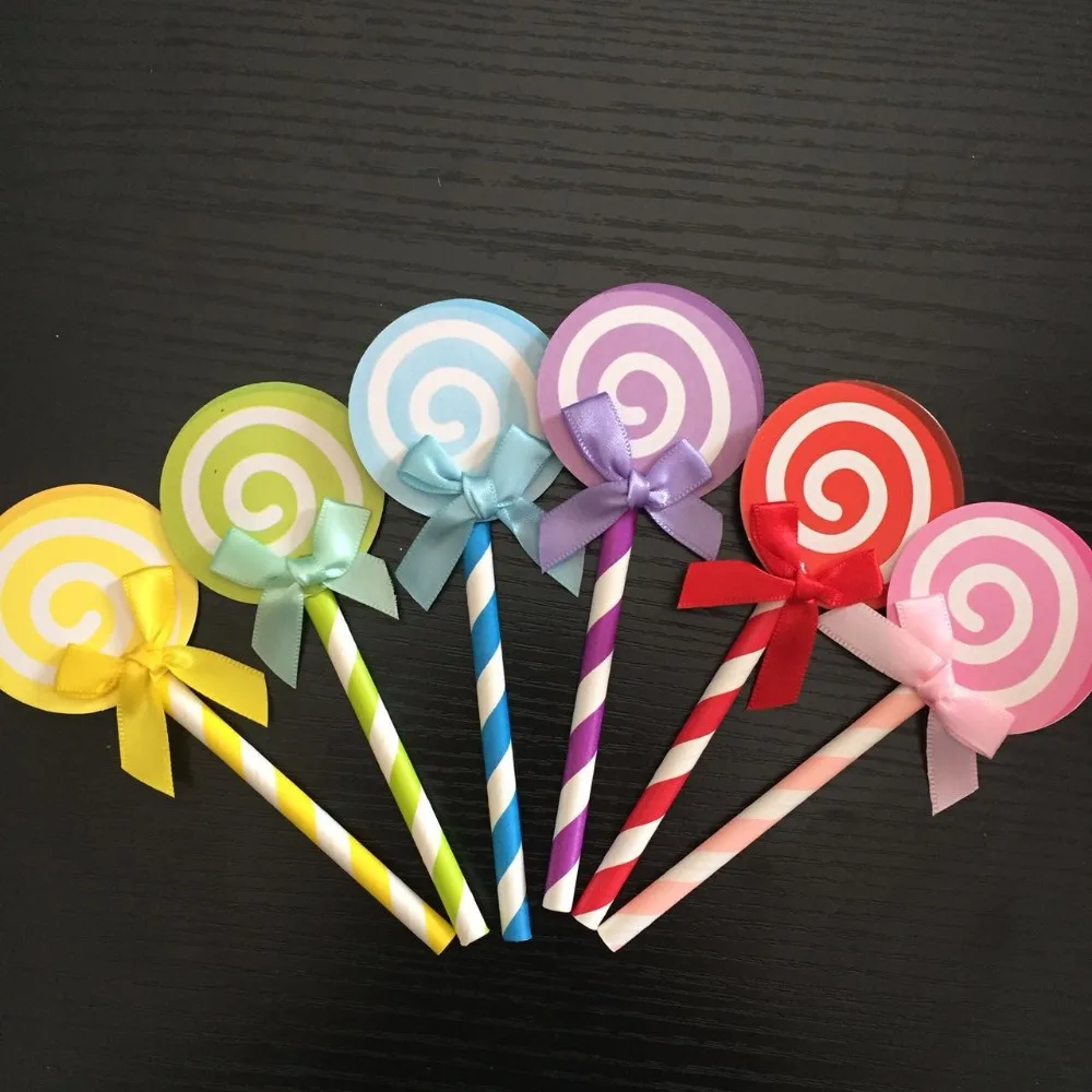6pcs Pack Candy Color Lollipop Bow Tie Cupcake Toppers Cake