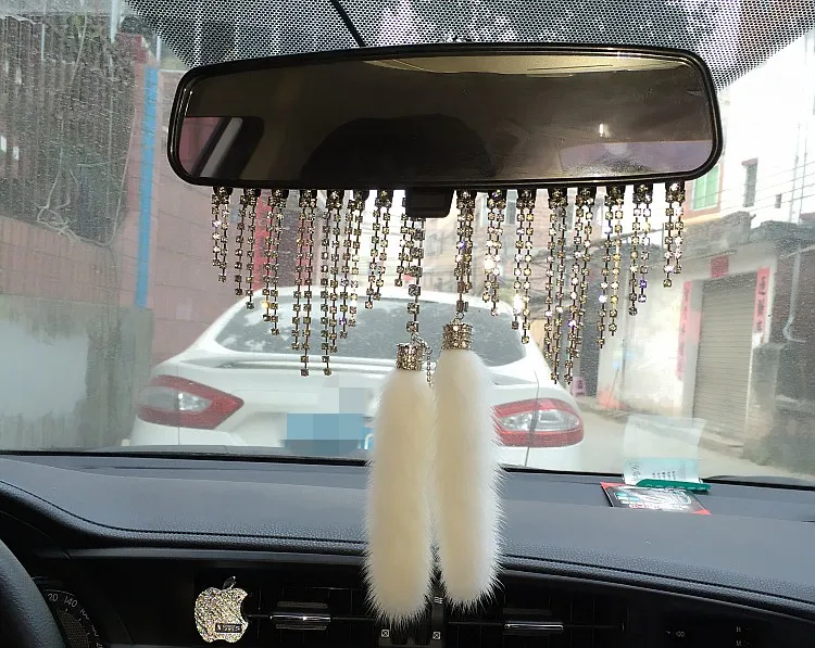 Высококачественный автомобильный кулон с кристаллами и бриллиантами, норковый мех, зеркало заднего вида, висячие украшения, очаровательные автомобильные аксессуары для украшения интерьера