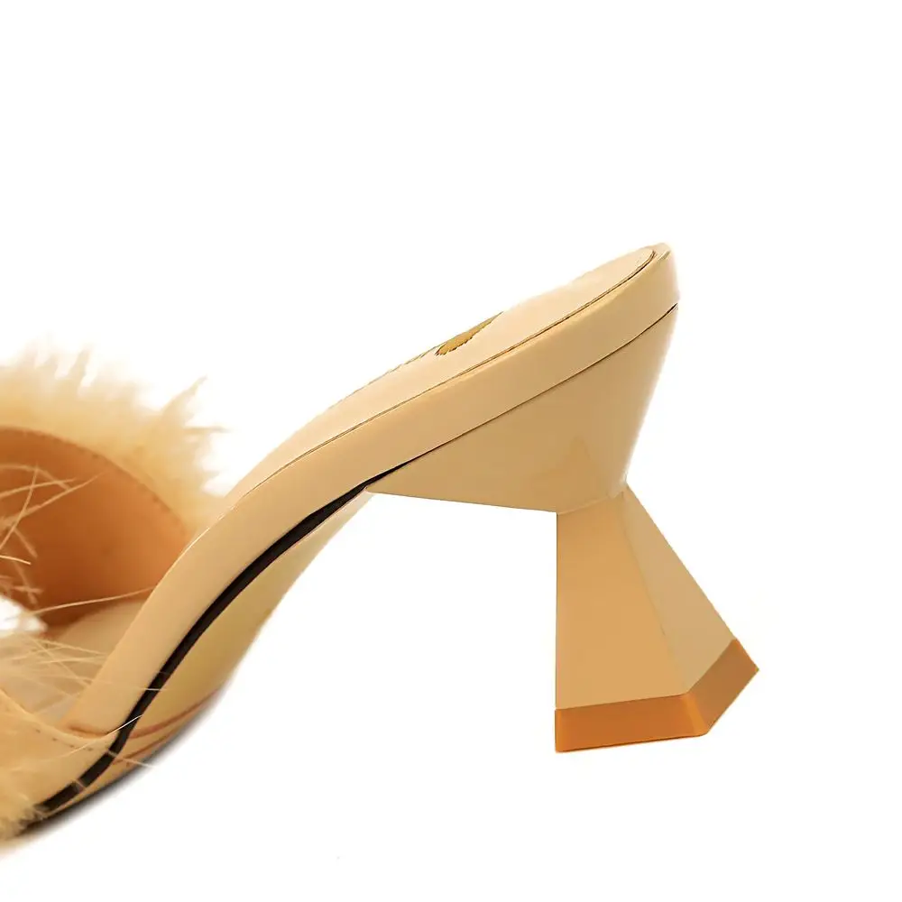 EOEODOIT/ г. Летние кожаные меховые шлепанцы модные туфли-лодочки на высоком каблуке-шпильке с открытым носком женские туфли с квадратным носком г. новое поступление