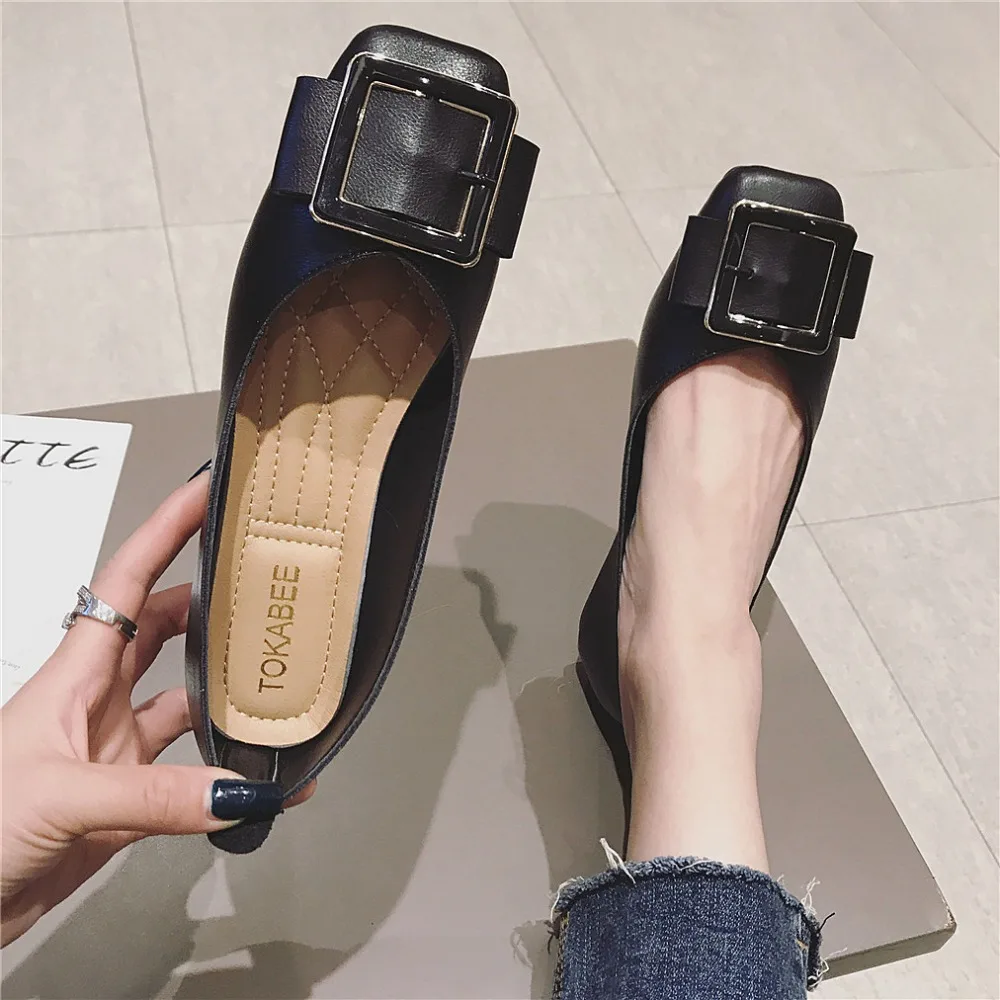 

PU new 2019 women Square Toe Casual Slip-On Basic spring flat Rubber black Lace-Up fashion Buckle Strap leather woman shoes