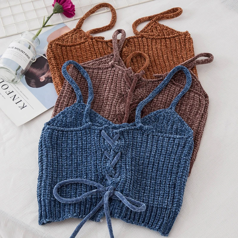 

Women Summer Sexy Knitted Sweater Crop Top Femme Bandage Sleeveless Short Vest Elastic Slim Tees Camis Tops