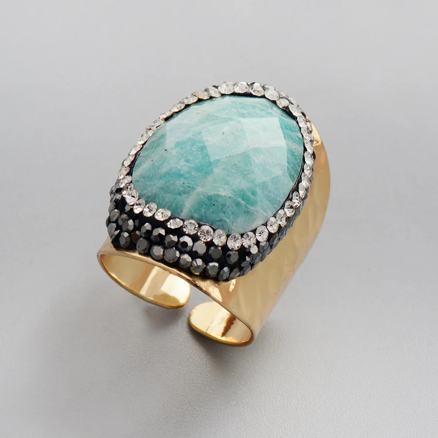 

Rings for Women Gold Color Amazonite Party Ring Paved Crystal Fashion Wedding Cocktail Rings Wife Gifts Size 7