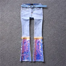 Европейский Ранняя весна новая мода цвет блёстки тонкий микро брюки Универсальный стрейч широкие джинсы