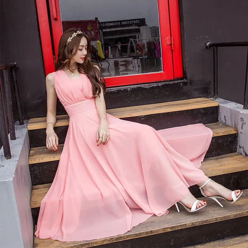 Розовое женское платье Vestidos, повседневное шифоновое длинное платье макси, элегантное пляжное вечернее платье большого размера, белая женская одежда Boho Q1120
