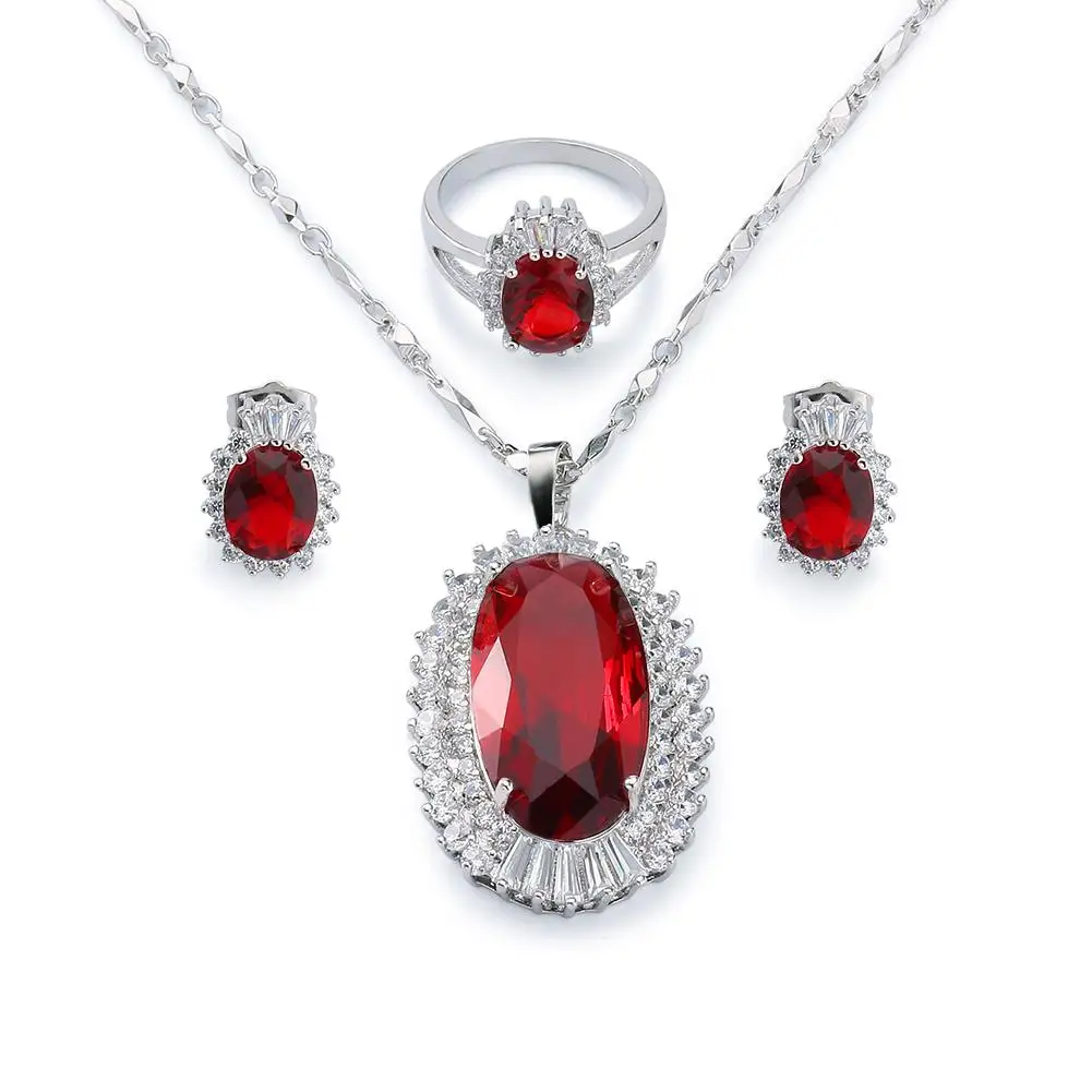 Flaming Ruby Pendant Necklace Stud Earring and Finger Ring Set Women's