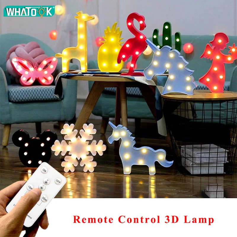

Remote Control 3D LED Flamingo Unicorn Night Lights Marquee Sign Cactus Star Luminary Wall Table Decor Lamp Cartoon Animal Gift