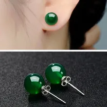 Винтажные круглые серьги-гвоздики с натуральным зеленым камнем и посеребренным покрытием для женщин, ювелирные аксессуары