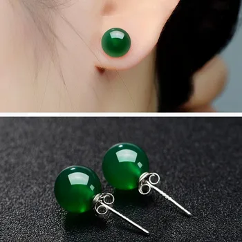 

Vintage Round Natural Green Stone White-plated Stud Earrings For Women Jewelry Accessroies