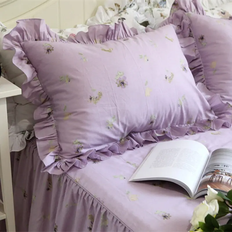 Комплект постельного белья с фиолетовым принтом, элегантный цветочный пододеяльник с оборками, качественная ткань, простыня, покрывало, постельное белье, домашний текстиль, распродажа