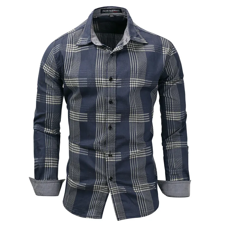 Fredd Marshall 2018 New Brand Men's Cotton Denim Patchwork Plaid Long Sleeve Shirt  Male Business Social Shirts Men Clothing Plus Size (2)