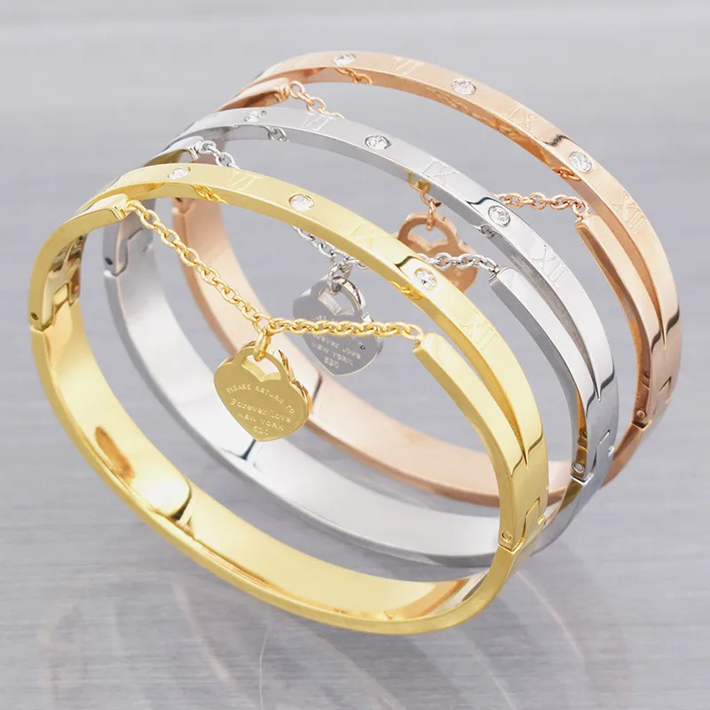 

New Design Luxury Brand Bracelet Women Stainless Steel Roman Numerals Accessories Zircon Bangle & Bracelets For Women Jewelry