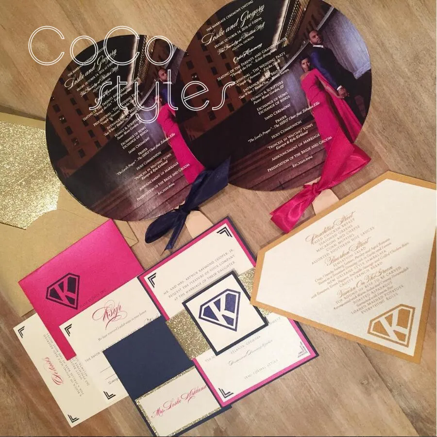  Cocostyles customized romantic fan shape invitation card with gold foiling printing for indian wedd - 32892595215