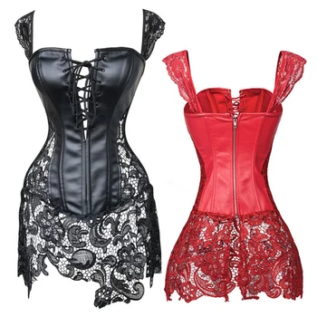 

Women's Steampunk Gothic Faux Leather Bustier Corset Dress Waist Trainer Overbust Stomach Cincher Slimming Zipper Lace Corselet
