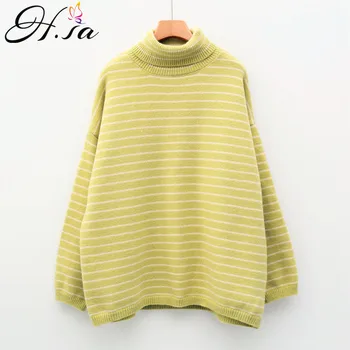 

H.SA Women Winter Turtleneeck Pullover and Sweaters Loose Oversized Striped Pull Jumpers 2019 Spring Knit Tops pull femme hiver