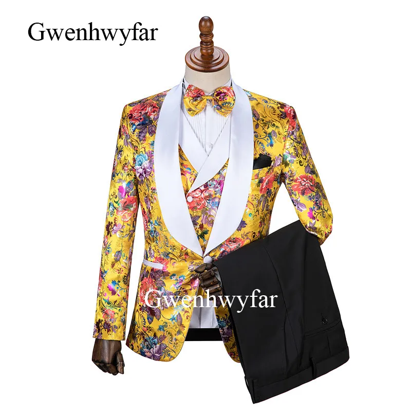 Gwenhwyfar Jacquard Flower Black Costume Slim Fit Double Breasted Vest Formal Male Suit Mens Groom Tuxedos Suit For Wedding - Цвет: same as picture