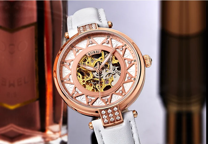 BUREI для женщин механические часы дамы водонепроницаемый кристалл сапфир Автоматические наручные часы кожа часы золото Saat Relogio Feminino