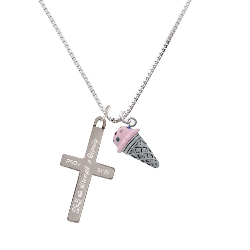 3-D Resin Strawberry Ice Cream Cone with Crystals - Strength and Dignity - Cross Necklace