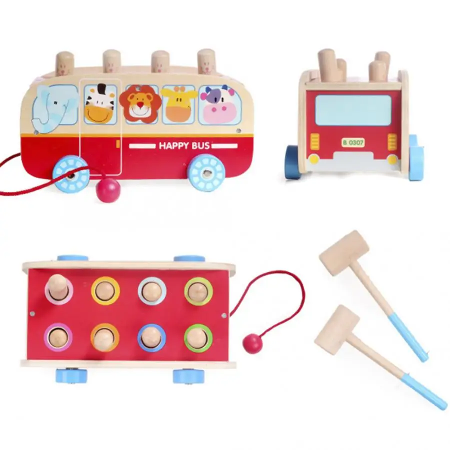 

Wooden Bus Car Shape Children Hammering Game Toy 3-in-1 Children Beating Toy Children Pulling Car Toy Toys