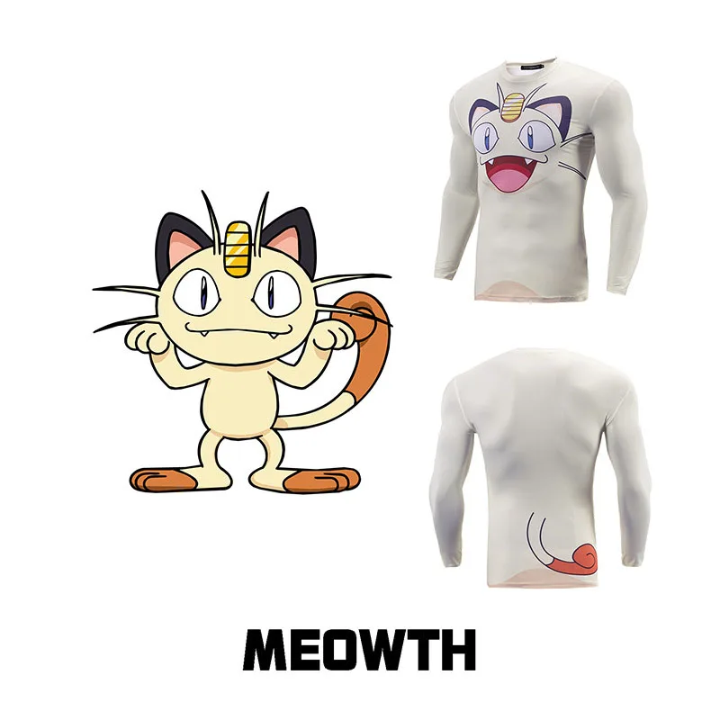 

Japanese Anime Fitness Men Top Tee Pokemon Meowth Long Sleeve 3D Print Cartoon T shirt Compression Sports Muscle Casual Tops