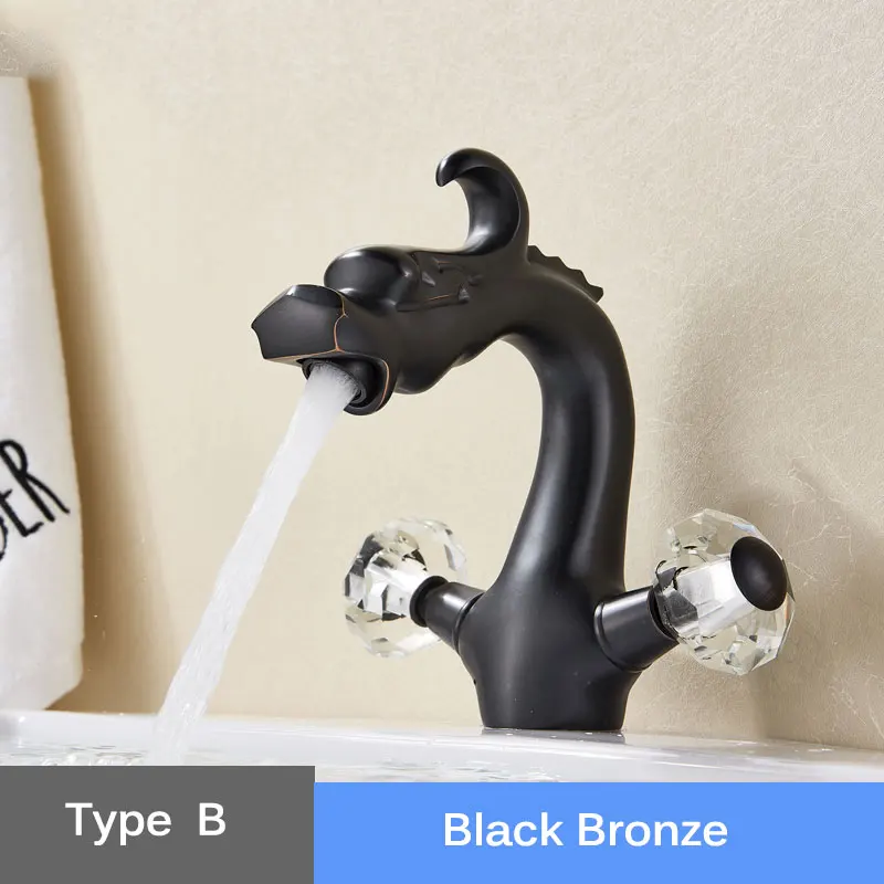 Хромированный кран в стиле дракона для ванной комнаты, кран для раковины, латунный кран с двойной ручкой для холодной и горячей воды в форме животного, смеситель для ванной комнаты - Цвет: B Black Bronze