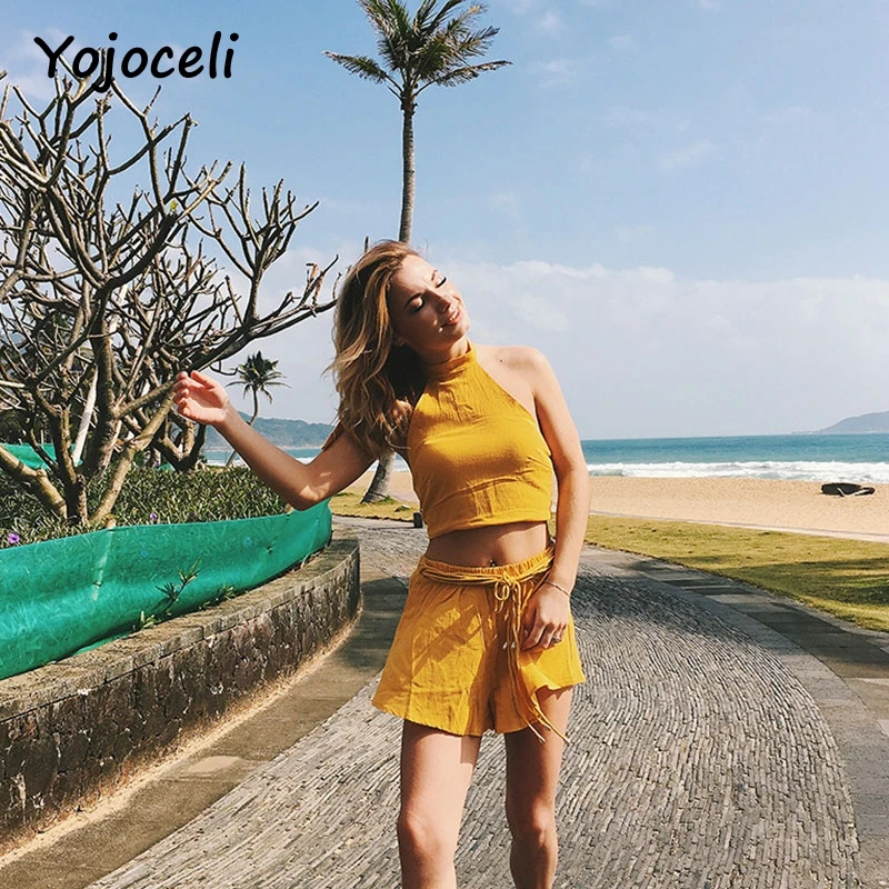 Yojoceli boho Стиль пляжный комбинезон женский комплект из 2 предметов комбинезон с бретелькой на шее с бантом комбинезоны для девочек