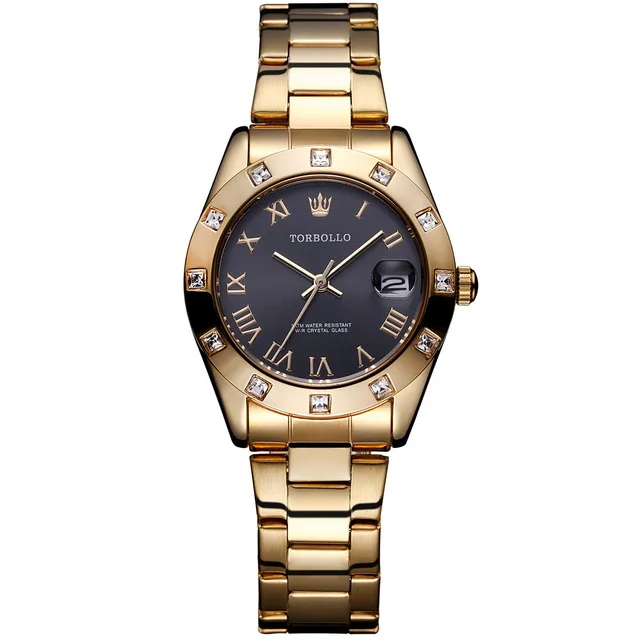 TORBOLLO Geneva женские кварцевые часы золотые металлические часы из нержавеющей стали модные классические женские часы с кристаллами relogio feminino - Цвет: gold black