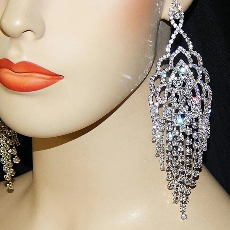 Shevalues Luxury Clear Rhinestone Diamante Drop Earrings Crystal Hollow Leaf Tassel Earrings Big 