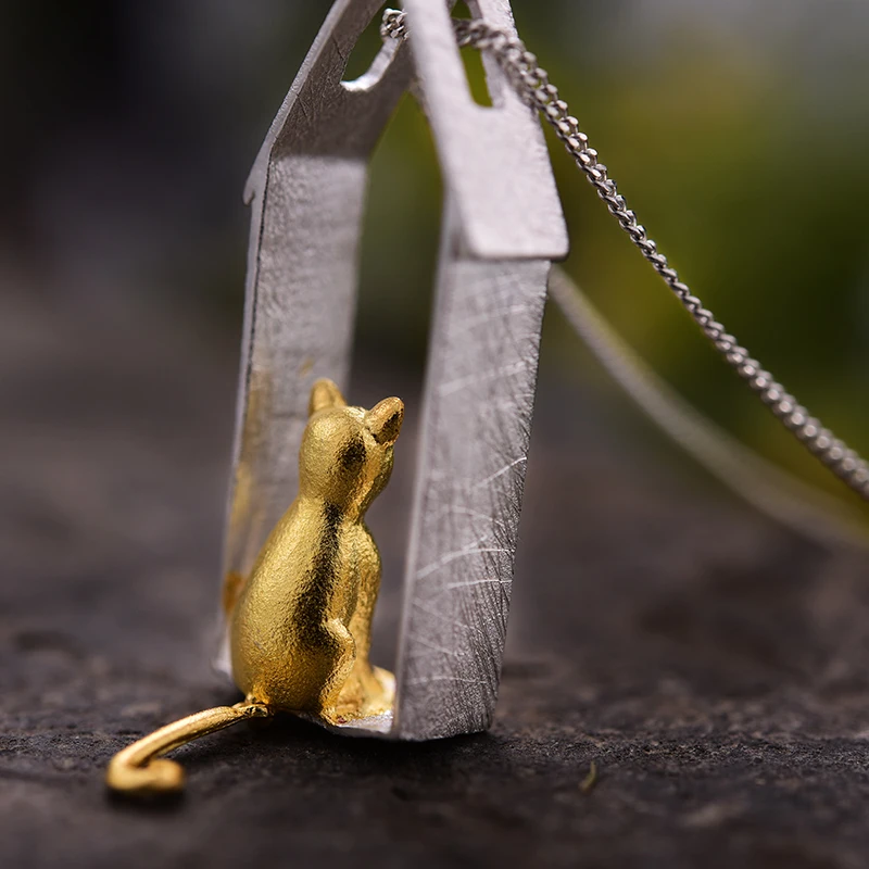 925 Sterling Silver Handmade Fine Jewelry Original Gold Cute Gazing Cat Design Pendant without Necklace for Women Lotus Fun pendant necklace silver pendant silver necklace charms