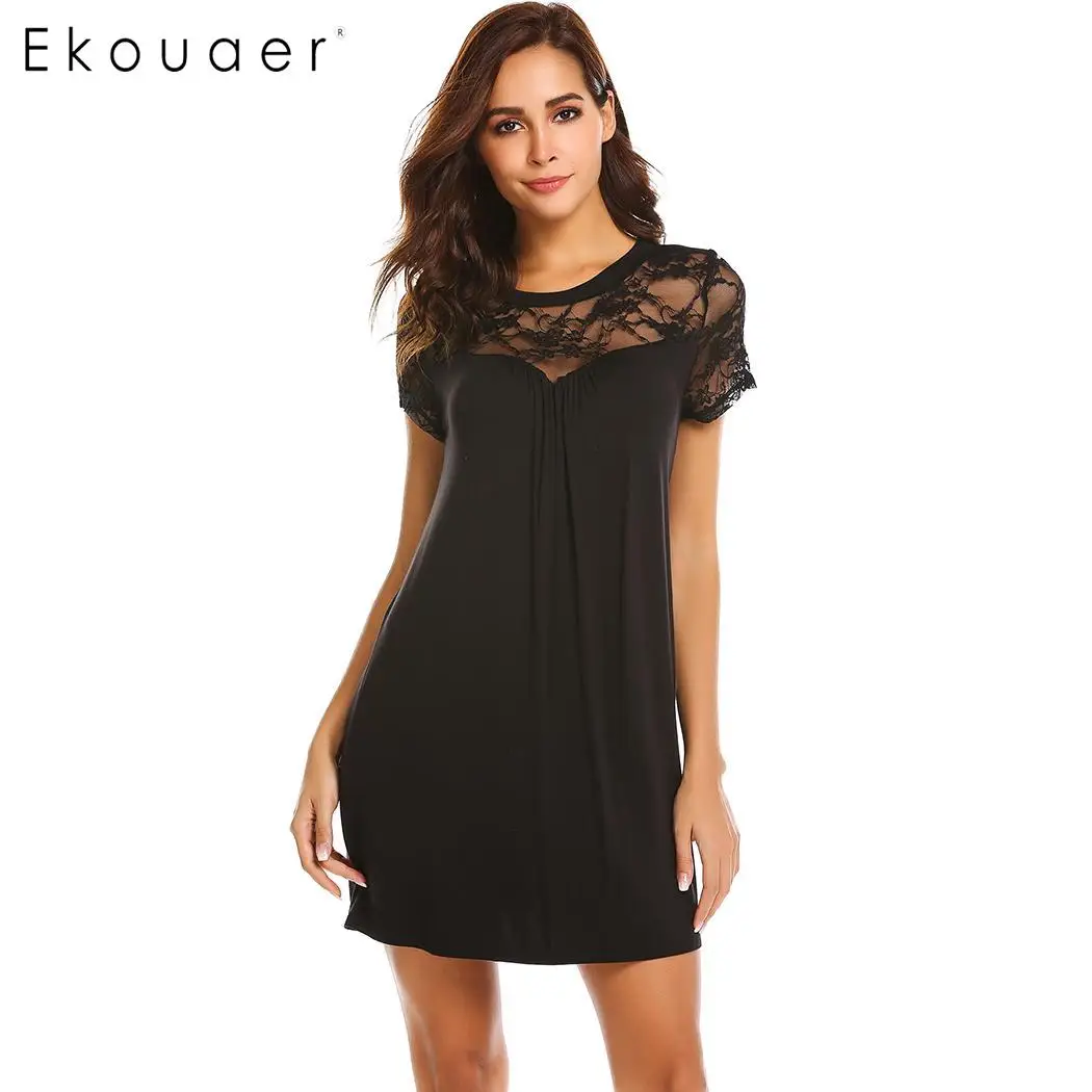 

Ekouaer Summer Nightwear Dress Women O-Neck Short Sleeve Loose Nightshirt Lace Decor Home Dress Soft Night Gown