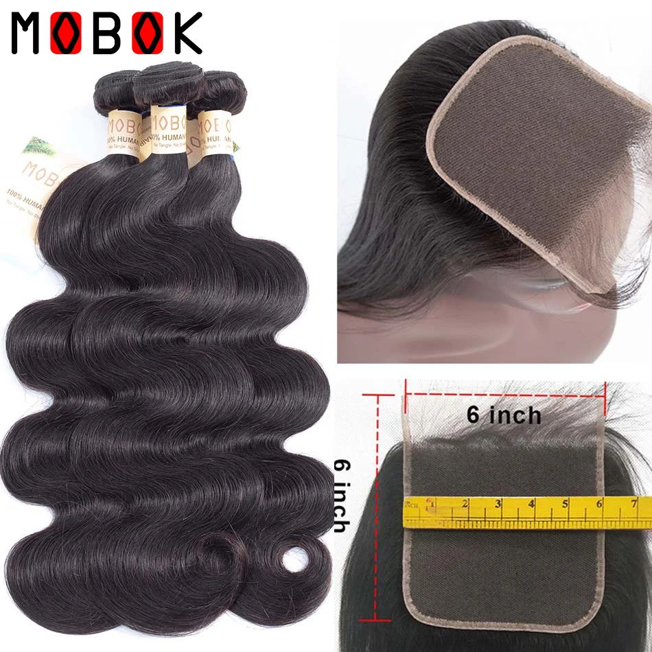 

Mobok 3 Bundles Brazilian Body Wave With 6x6 Lace Closure Double Weft Remy Human Hair Bundles With Closure