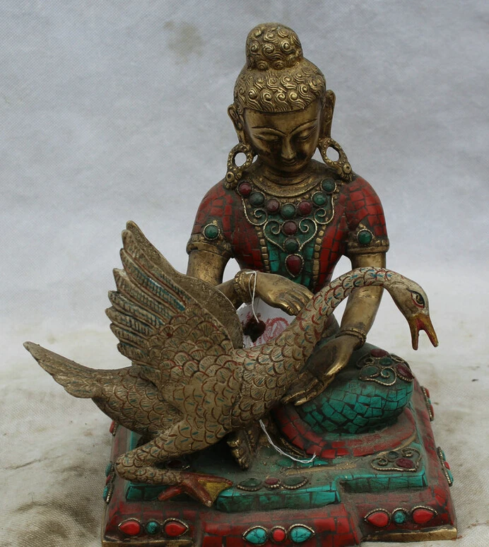 

150610 S1483 10" Old Tibet turquoise Bronze 24k Gold Shakyamuni Amitabha Buddha swan Statue
