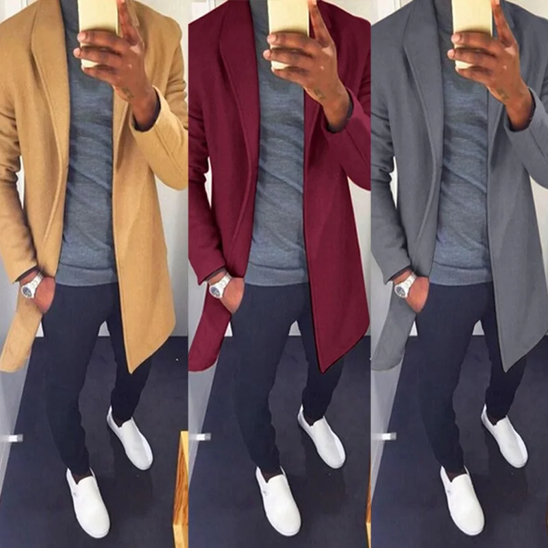 Модный зимний мужской Тренч, Длинные куртки, пальто, пальто, Классические Куртки, одноцветная приталенная верхняя одежда, Hombre, Мужская одежда, 4 цвета