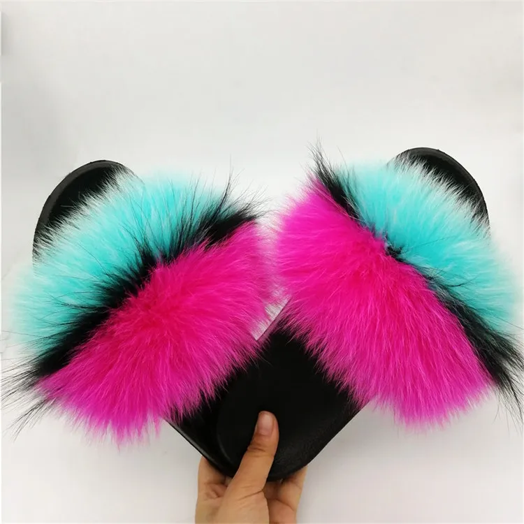 Women Fox Fur Slippers Real Fox Fur Slides Lovely Plush Slippers Woman Summer Home Sandals Women Fur Slides Furry Flip Flops Hot