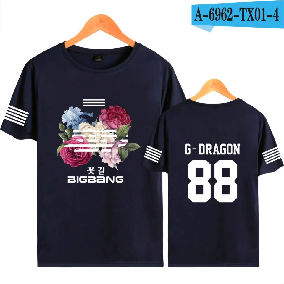 Футболки в стиле хип-хоп с цветочным принтом BIGBANG Kpop, хлопковая футболка с короткими рукавами, летняя одежда, G-DRAGON T.O.P SOL V.I D-LITE NAZZ - Цвет: navy blue